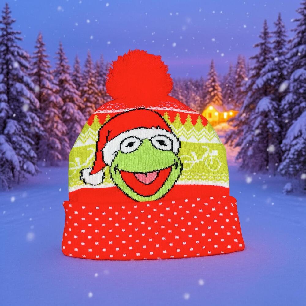 Disney The Muppets Kermit The Frog Christmas Beanie Santa Hat Winter Pom Cap